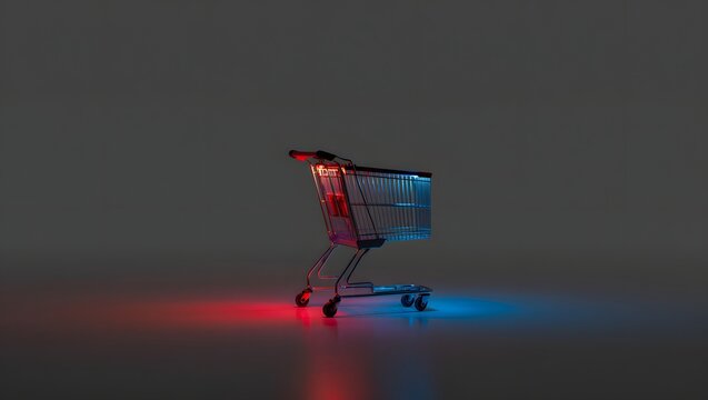 Shopping cart illuminated by red and blue neon lights on a reflective surface