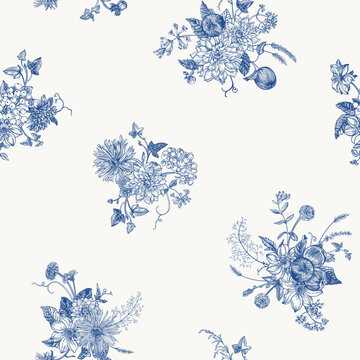 Vintage seamless pattern with small flower bouquets. Botanical summer background. Blue.