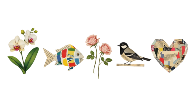 Mixed media paper collage artwork set on transparent background