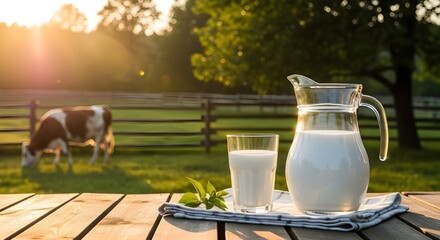 Fresh organic milk in glass pitcher and cup on farm table with sunlit cow background