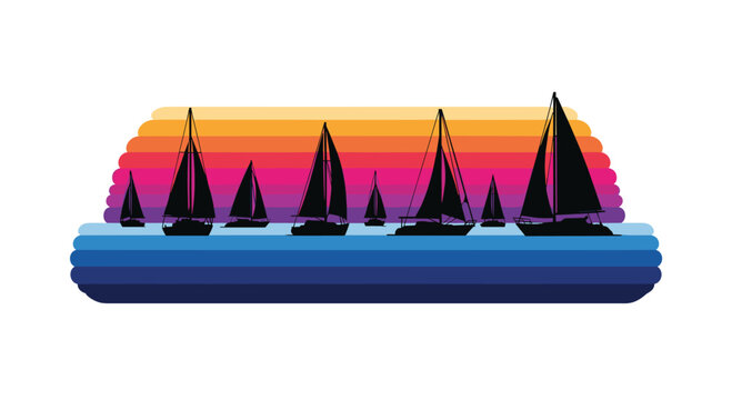 Sailboats gracefully sailing against a vibrant sunset, perfect for summer vacation promotions or nautical themed designs with colorful, abstract elements