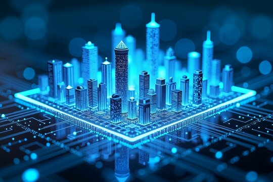 A futuristic cityscape of glowing blue skyscrapers floats atop a digital circuit board, symbolizing smart technology and urban innovation in the age of AI and data networks.