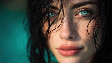 a close-up portrait of an exotic woman with dark hair and blue eyes, illuminated by soft natural light against the backdrop of turquoise water
