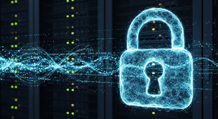 Digital Security and Data Protection: Futuristic Lock Symbol Over Server Racks with Glowing Data Streams
