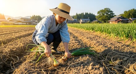 Diverse farm workers harvesting fresh produce in sunny rows of agricultural crops