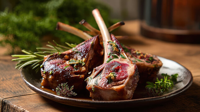 Hyper-realistic animation &mdash; Gourmet Steaks & Lamb Still Life series: beautifully plated lamb chops in rustic natural setting with herbs