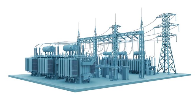 Detailed 3D rendering of a modern electrical substation.