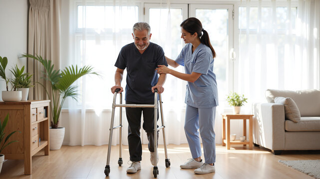 Senior Stroke Recovery Support &ndash; Elderly Patient with Walker and Healthcare Assistant for Home Rehabilitation, Stroke Awareness, and Caregiving Resources
