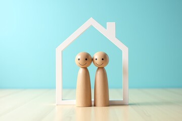 Two wooden figurines stand together under a white house outline, symbolizing home and partnership against a soft blue background.