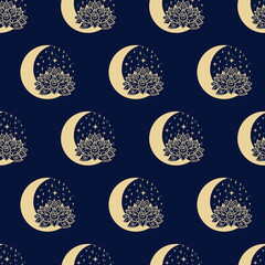 Lotus and crescent moon seamless pattern. Sacred Geometry background.