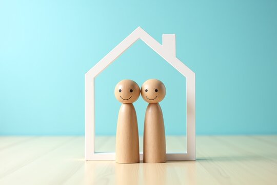 Two wooden figurines stand together under a white house outline, symbolizing home and partnership against a soft blue background.