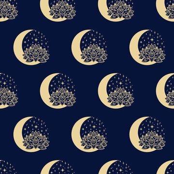 Lotus and crescent moon seamless pattern. Sacred Geometry background.