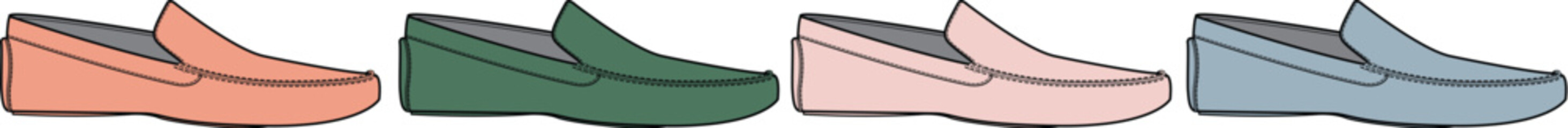 A collection of four stylish moccasin-style shoes in various colors including salmon, green, pink, and blue, perfect for casual wear