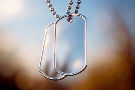 Metallic dog tags on shiny chain in sunlight with blue sky reflections, symbolizing identity, strength, and remembrance
