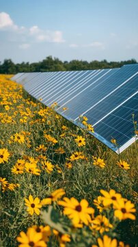 voltaic solar panels, green grass and yellow flowers.