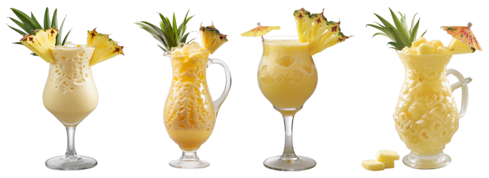 Decorative Drink Pitchers – Creamy Yellow Beverages with Pineapple Garnish for Tropical Party Menus and Summer Event Graphics