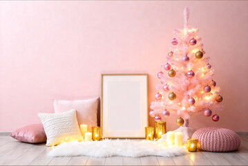 Pink Christmas Interior With Tree And Lights