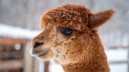 Obraz premium Brown alpaca standing in snow during winter snowfall