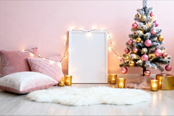 Pink Christmas Interior With Tree And Lights