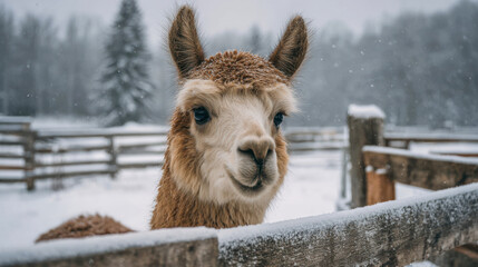 Obraz premium Alpaca looking over snowy fence during winter