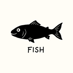 Simple Fish Silhouette Icon. Hand Drawn Black Fish Doodle. Smiling Aquatic Animal Logo. Minimalist Seafood Vector Art. Vintage Style Fishing Emblem