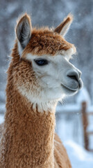 Naklejka premium Alpaca looking sideways during winter snowfall. Vertical photo
