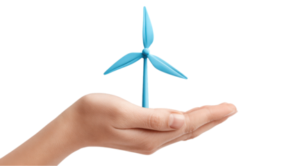Renewable Energy: Hand Holding a Blue Wind Turbine Model