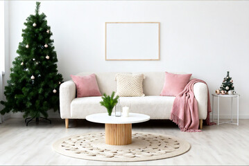 Minimal Christmas Living Room With Pink Accents