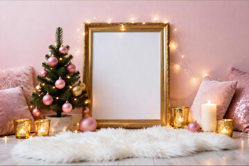 Pink Christmas Interior With Tree And Golden Frame