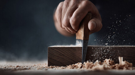 Closeup of a hand skillfully using a chisel to shape wood, creating flying wood shavings. Symbolizes craftsmanship, precision,  woodworking artistry. Great for blogs.