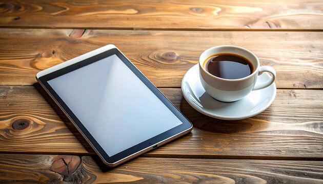 A tablet with a blank screen rests next to a cup of dark coffee on a wooden surface, creating a work/relaxation scene