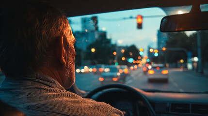 Senior man driving car waiting at city traffic light