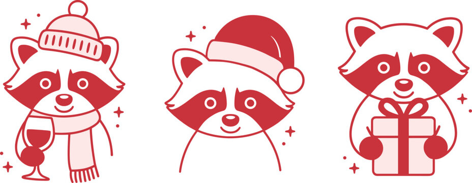 Naklejki Christmas raccoon wearing Santa hat beanie scarf funny feral holiday party winter season outline drawing. Cute animal drinking wine girly theme red pink preppy aesthetic sticker bundle pack clipart.