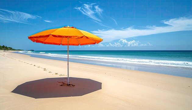 A lone white beach chair rests beneath a vibrant orange umbrella on a sunlit sandy shore with calm turquoise ocean waves gently lapping the coast under a clear blue sky with wispy clouds. - Powered by Adobe