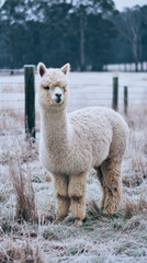 Fototapeta premium Alpaca standing in a frosty winter field. Vertical photo