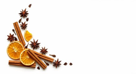Festive arrangement of cinnamon sticks, star anise, and dried orange. Christmas spices for mulled wine on a white background. Top view flat lay with copy space
