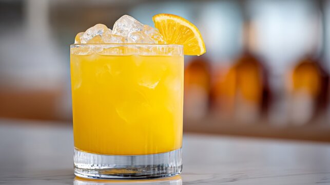 Fresh orange juice cocktail with ice, vibrant yellow, for a bar or party setting