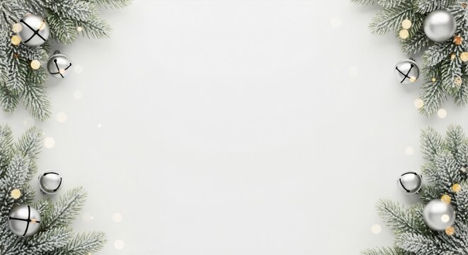 A minimalist Christmas background with snow-dusted fir branches and silver decorations. Festive holiday flat lay with jingle bells and lights and copy space for text