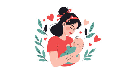 Loving mother tenderly cradling newborn baby surrounded by hearts and foliage, perfect for Mother's Day celebrations and family projects