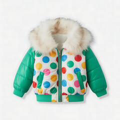 Colorful Polka Dot Puffer Jacket, Fur Trimmed Hood