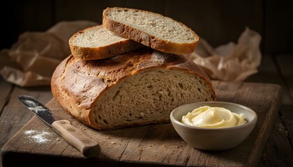 A freshly baked loaf of rustic bread with slices and butter on a wooden cutting board.