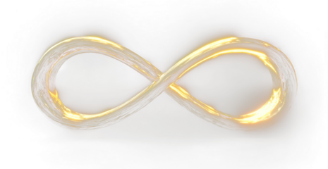 Futuristic digital golden infinity symbol surrounded by glowing particles of light and imagination.
