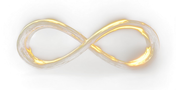 Futuristic digital golden infinity symbol surrounded by glowing particles of light and imagination.
