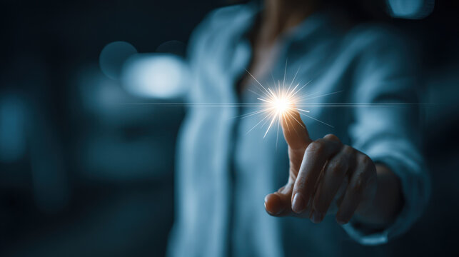 Businesswoman hand touching virtual screen creating interface interaction