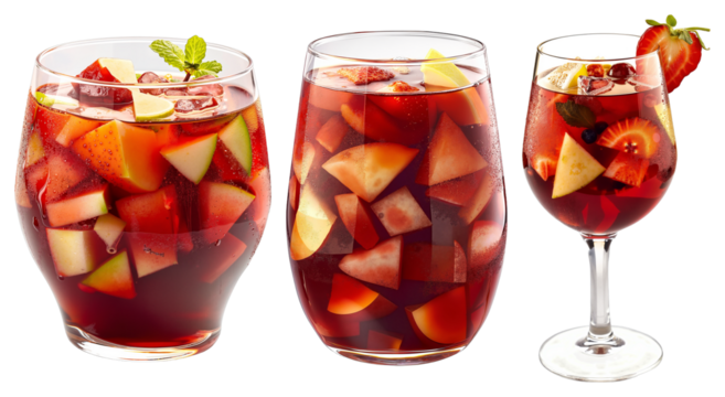 Fruit-Infused Sangria Glasses – Apple, Strawberry, and Lemon Garnish on Transparent Background for Beverage Menus and Summer Party Designs