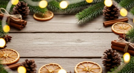 Rustic Christmas background with natural decorations. Festive frame of fir branches, pinecones, and spices on a wooden table with copy space