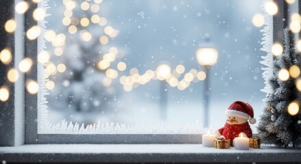 A cozy Christmas still life with a snowman figurine on a snowy windowsill. Festive winter scene with candles and a small tree. Holiday background with bokeh lights and copy space