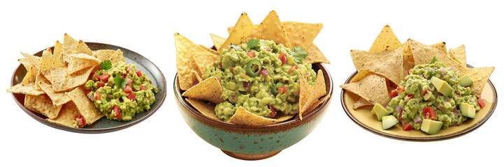 Guacamole and Tortilla Chips – Fresh Avocado Dip with Tomatoes on White Plates for Food Blogs and Casual Dining Presentations