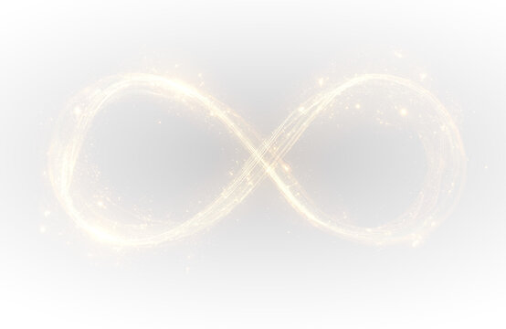 Golden infinity emblem radiating futuristic power through abstract digital layers and glowing energy waves.