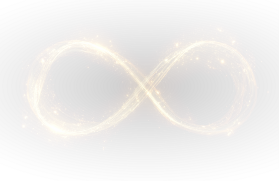 Golden infinity emblem radiating futuristic power through abstract digital layers and glowing energy waves.
